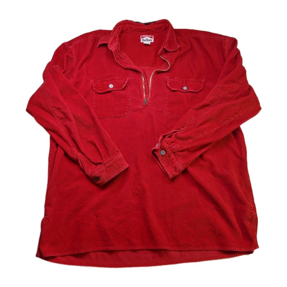 90s Vintage Marlboro Unlimited Sz L Quarter Zip Long Sleeve Red Corduroy Shirt